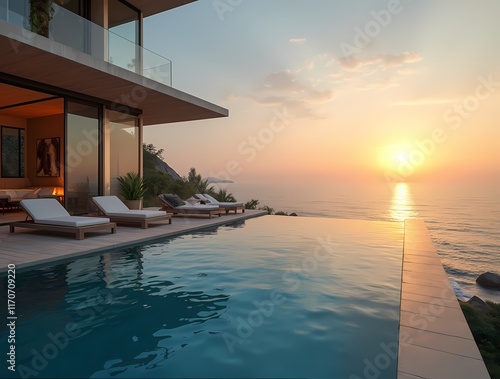 Luxurious villa with panoramic views of the sparkling ocean  where the golden rays of the rising sun on the calm waters