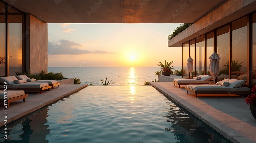 Fototapeta premium Luxurious villa with panoramic views of the sparkling ocean, where the golden rays of the rising sun on the calm waters