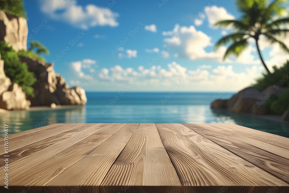 Fototapeta premium Rustic wooden table with serene ocean view representing relaxation, tranquility, vacation, nature