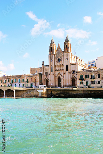 St Julian Bay in Malta and Church Knisja tal-Karmnu. Malta View. photo