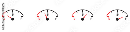 Fuel gauge scale and fuel meter. Fuel indicator. Gas tank gauge. Speedometer, tachometer, indicator icons. Performance measurement. White background. Vector illustration. EPS 10
