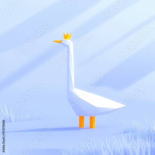 Cartoon representation of a minimalist duck with a crown in a serene landscape during daylight