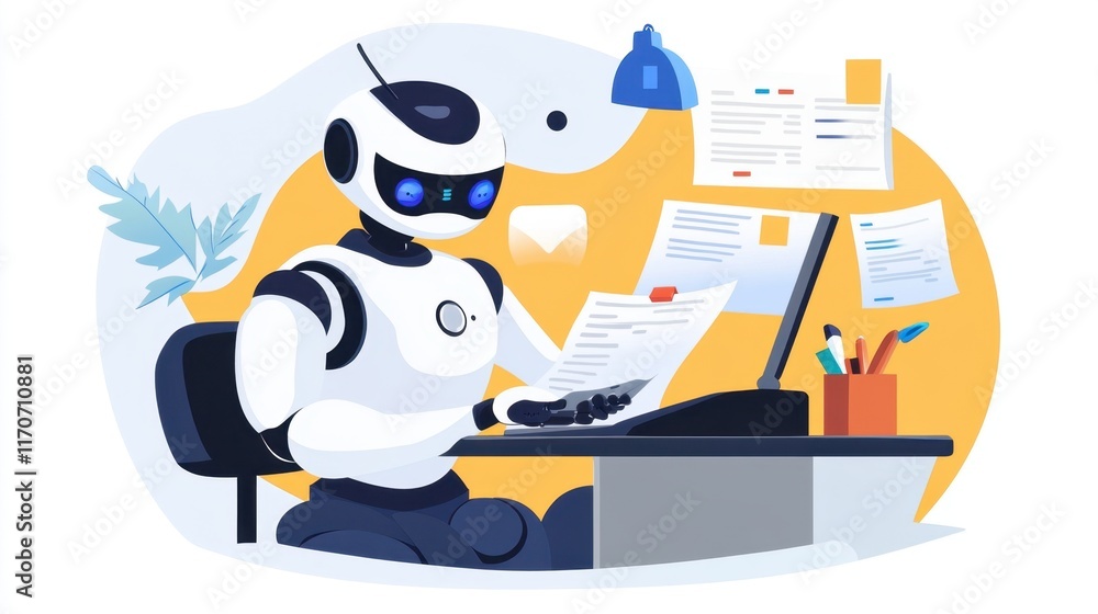 Obraz premium Friendly robot working on a computer at a modern office desk