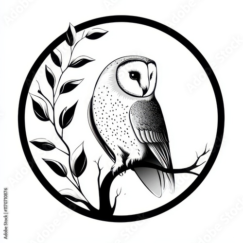 Circular logo featuring a barn and leaves with a barn owl perched on a branch, symbolizing nature and rural life photo