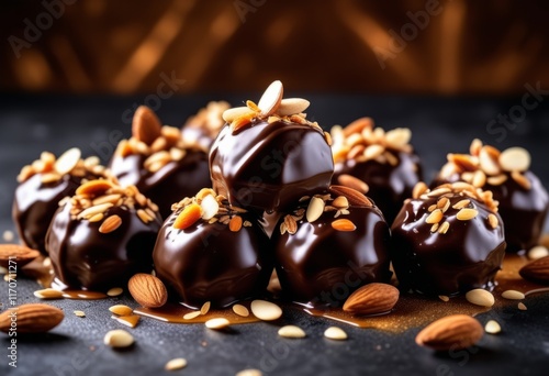 Delicious chocolate treats with almonds served on a dark surface in an elegant setting photo