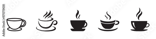 Coffee cup icon set. Cups of coffee tea collection. Hot drink icon. Disposable cup. Cup coffe with steam. Flat style. Vector Illustration. Vector Graphic. EPS 10