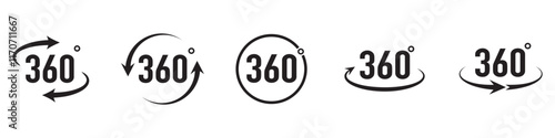 360 degrees arrow, rotate around set icon. Circle signs vertical, horizontal and diagonal view with arrows rotation to 360 degrees. Virtual reality. Rotate cycle, circular moving symbol. EPS 10