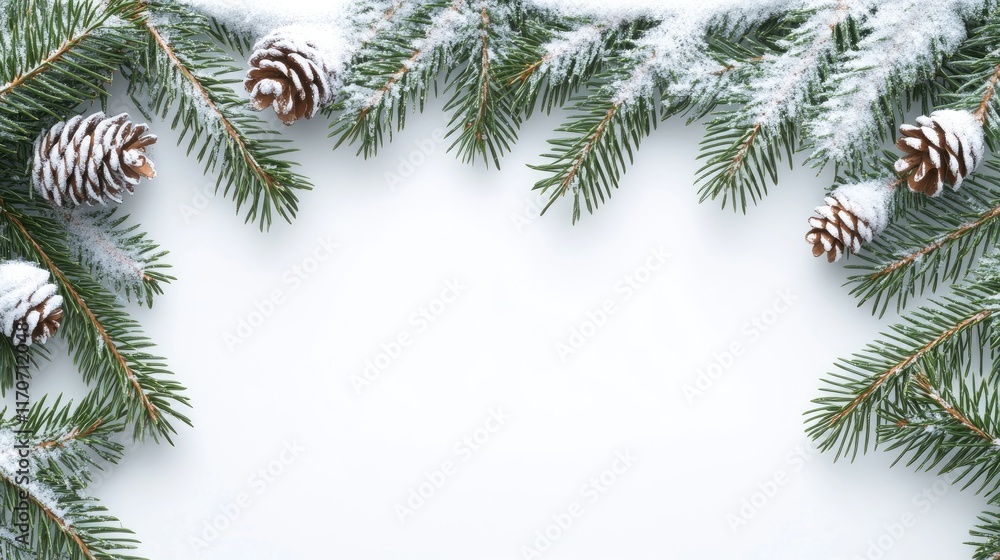 Snow-covered pine branches with pine cones framing a blank space for holiday greetings. Snow-covered pine branches with pine cones framing a blank space for holiday greetings.