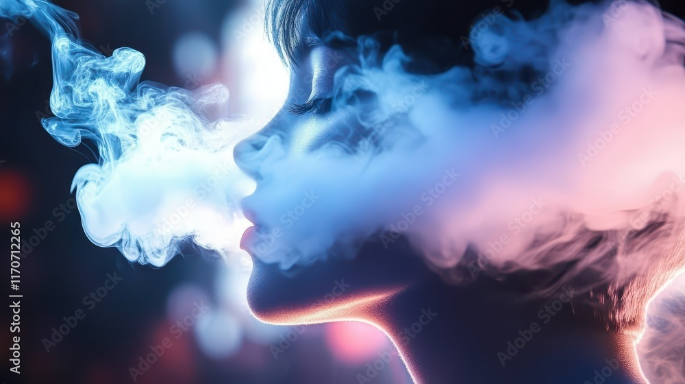 Captivating moment of a person exhaling smoke amidst colorful lighting effects in an urban atmosphere at night