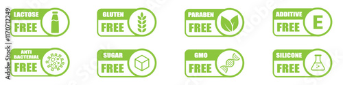 Free Gluten, Lactose, GMO, Silicone, Sugar, Paraben, Additive, Nitrates, Antibacterial and Sugar Line Green Stamp. Allergy Ingredients Label Set. Diet Vegan Food Outline Symbol. Vector Illustration.