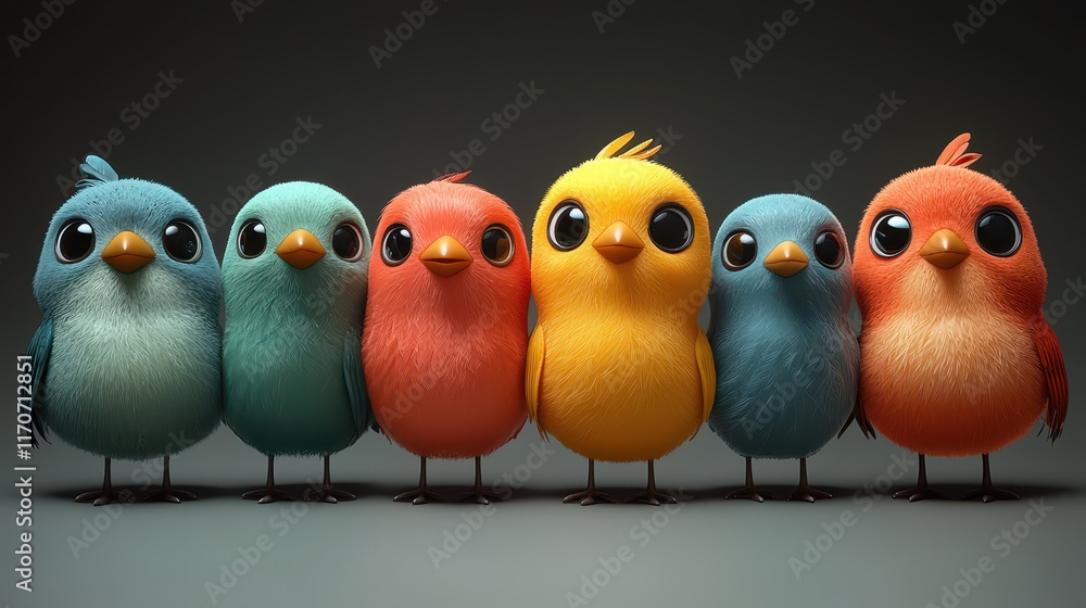 Fototapeta premium Colorful cartoon birds standing together with unique features in a fun and cheerful arrangement