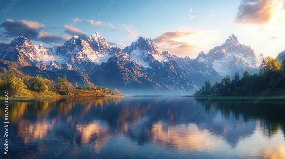 Majestic mountain range reflects vibrant sunset colors on serene lake, capturing the beauty of nature in tranquil surroundings Majestic mountain range reflects vibrant sunset colors on serene lake, capturing the beauty of nature in tranquil surroundings