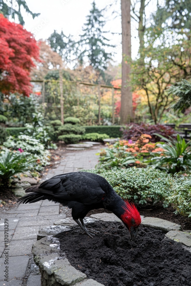 Naklejka premium A black bird with a red crest forages in a garden filled with colorful plants and trees.