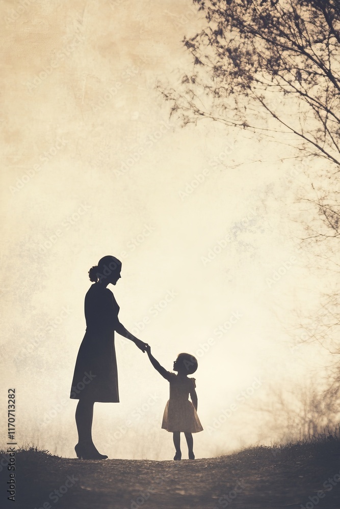 Silhouette of Mother Holding Hand with Child in Dreamy Background Silhouette of Mother Holding Hand with Child in Dreamy Background