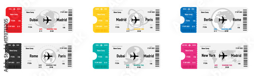 Airline ticket templates. Plane tickets illustration. Flight boarding pass collection. Airway ticket set. Airline coupons. Vector Illustration. Vector graphic. EPS 10