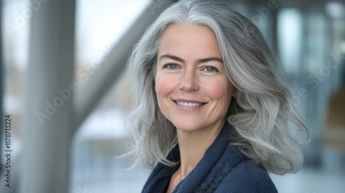 Free Download Smiling middle-aged woman with long gray hair in modern setting - GFXLoad