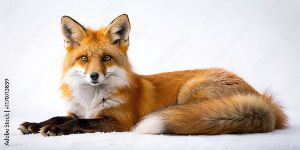 Fototapeta premium Stunning Portrait of a Red Fox Relaxing on a Crisp White Studio Background, Capturing the Beauty and Elegance of Wildlife in a Minimalist Setting