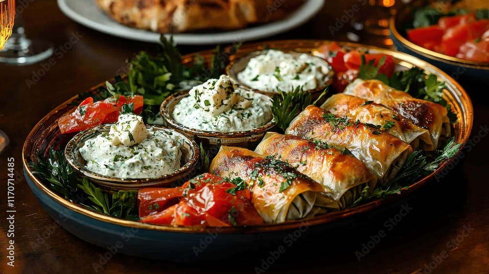 Vibrant greek mezze platter with dolma rustic setting food culinary delight aesthetic presentation Vibrant greek mezze platter with dolma rustic setting food culinary delight aesthetic presentation
