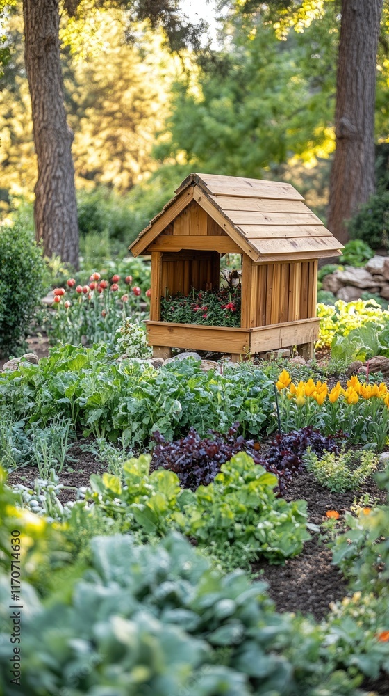 Fototapeta premium A charming wooden garden shed surrounded by vibrant flowers and lush greenery.