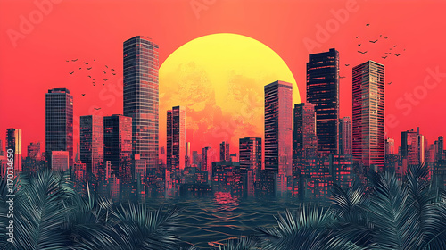 Cityscape Sunset: Tropical Palms & Skyscrapers photo