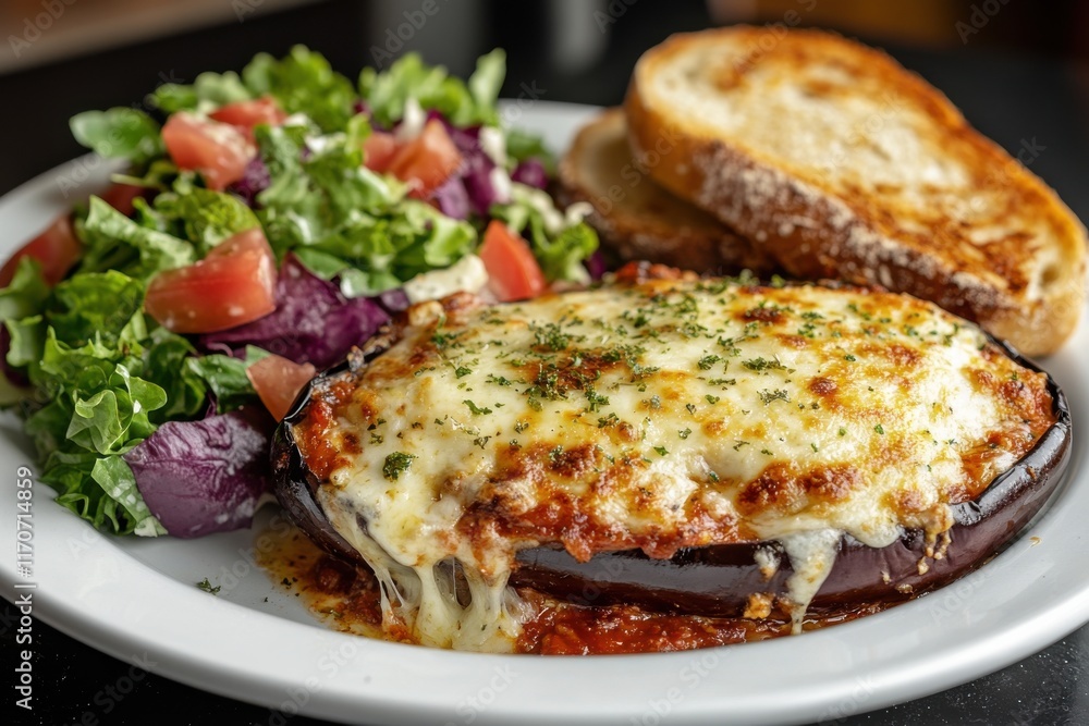 Delicious baked eggplant with melted cheese served alongside fresh salad and toasted bread. Delicious baked eggplant with melted cheese served alongside fresh salad and toasted bread.