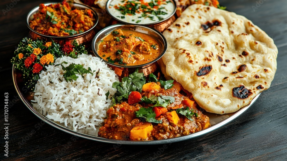 Vibrant indian thali feast indian cuisine food platter rustic setting aesthetic presentation culinary delight Vibrant indian thali feast indian cuisine food platter rustic setting aesthetic presentation culinary delight