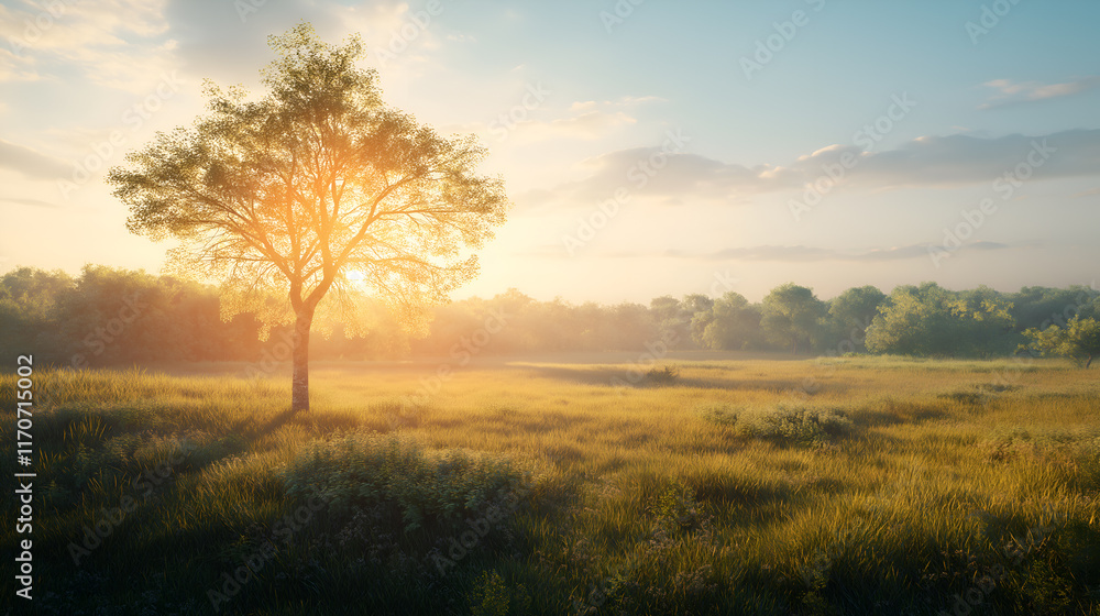 Open meadow with a single oak tree and soft sunlight filtering through. Nature and Serenity mockup, free space for text Open meadow with a single oak tree and soft sunlight filtering through. Nature and Serenity mockup, free space for text