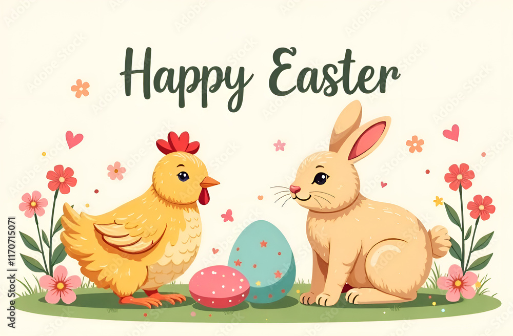 A delightful illustration shows a cute chick, fluffy bunny, and colorful eggs joyfully celebrating Easter