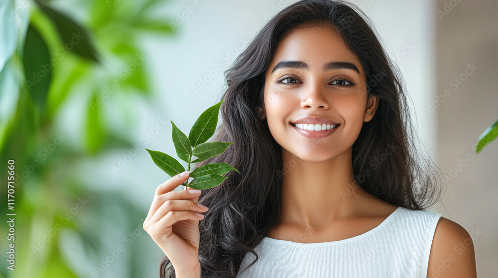 Beautiful Indian woman softly smiling while holding a neem leaf Beautiful Indian woman softly smiling while holding a neem leaf