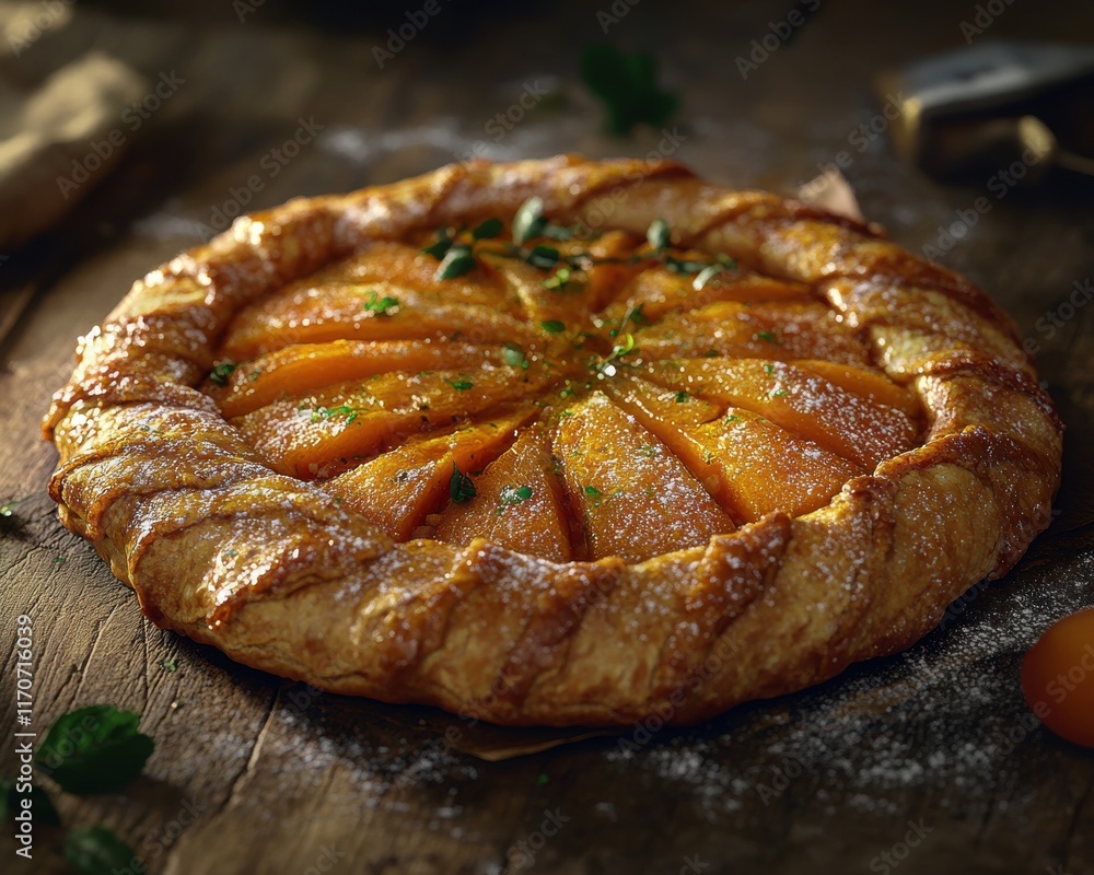 Golden-brown tart with apricot segments, garnished with fresh herbs, resting on rustic wooden surface. Golden-brown tart with apricot segments, garnished with fresh herbs, resting on rustic wooden surface.