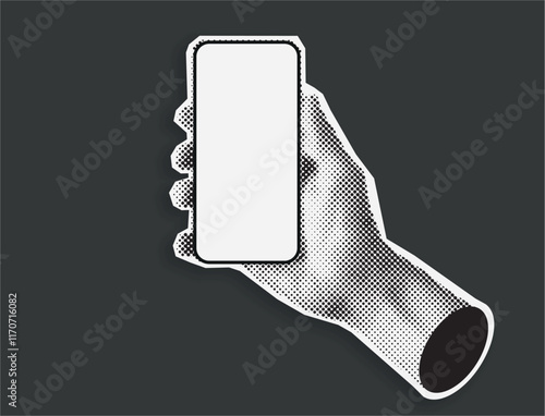 Phone with halftone hand. hands holding phone with empty display halftone cutout.