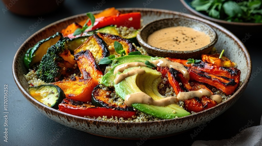 Vibrant vegan buddha bowl with grilled vegetables and quinoa healthy lunch modern kitchen aesthetic food Vibrant vegan buddha bowl with grilled vegetables and quinoa healthy lunch modern kitchen aesthetic food