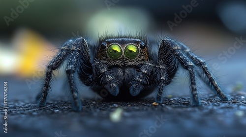 Wallpaper Mural Close-up view of a striking spider showcasing vivid green eyes, perched on a textured surface in natural daylight. Generative AI Torontodigital.ca