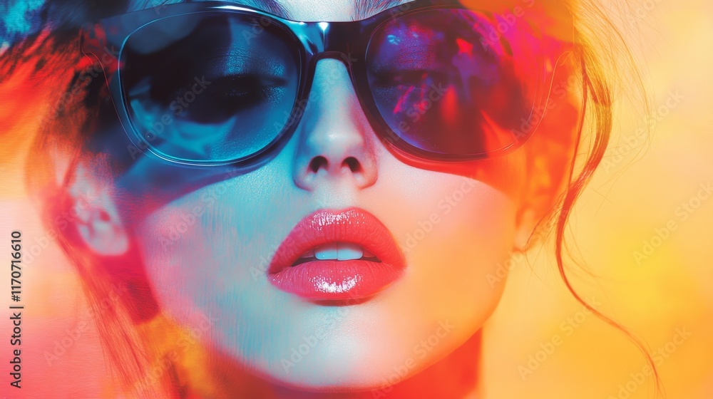 Obraz premium Vibrant Portrait of Woman in Sunglasses with Colorful Background