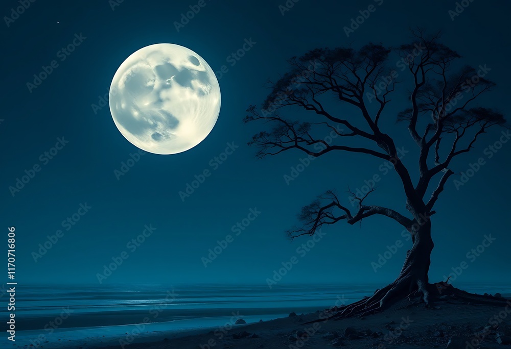 Full Moon Night Lonely Tree Seascape Dark Blue Serenity Full Moon Night Lonely Tree Seascape Dark Blue Serenity