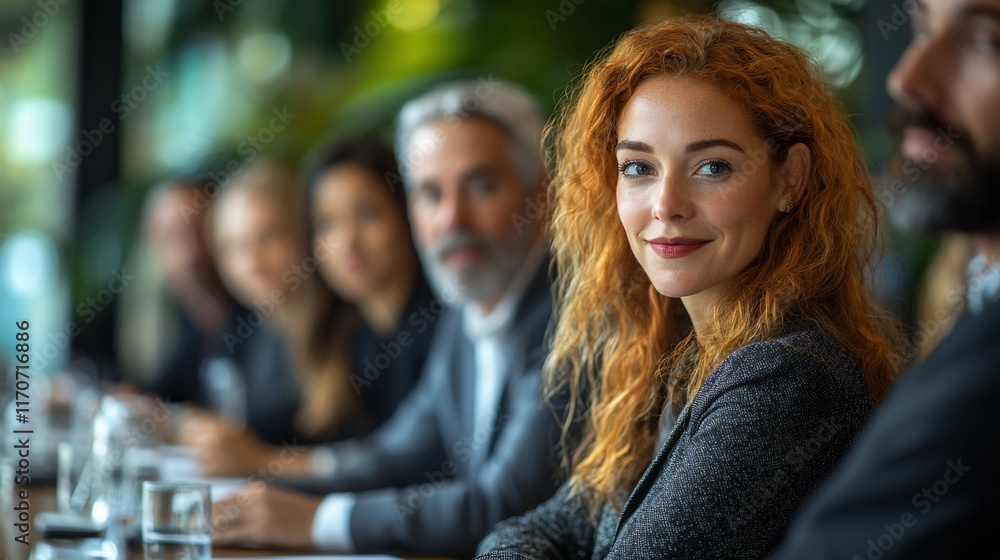 Obraz premium Redhead woman confidently sits among colleagues in meeting