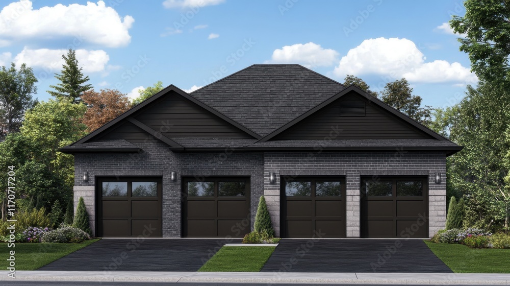 Modern Residential Garage Facade with Three Doors and Greenery Modern Residential Garage Facade with Three Doors and Greenery