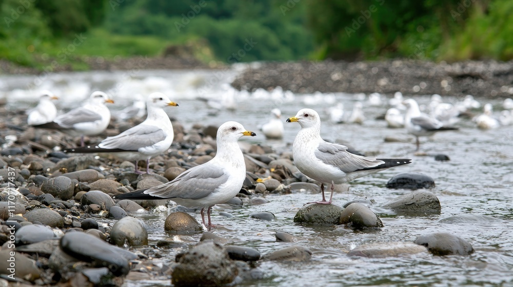 Global Warming Disease outbreak concept. A serene riverside scene featuring seagulls standing on rocks by the water, surrounded by lush greenery and distant flocks. Global Warming Disease outbreak concept. A serene riverside scene featuring seagulls standing on rocks by the water, surrounded by lush greenery and distant flocks.