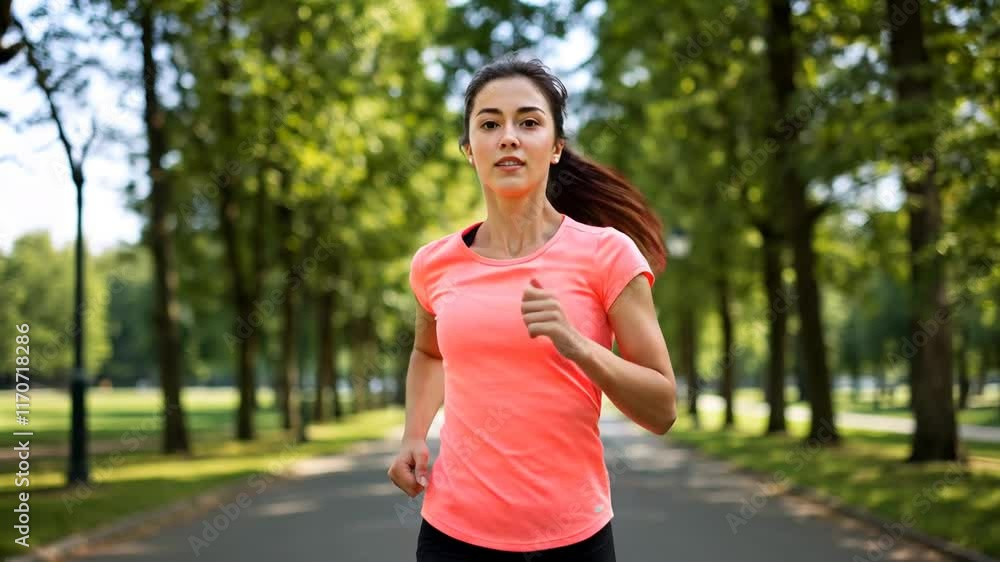 Runner in the Park: A young woman is jogging down a tree-lined path, radiating health and vitality. Her determined expression and focused stride capture the essence of fitness and outdoor activity. Runner in the Park: A young woman is jogging down a tree-lined path, radiating health and vitality. Her determined expression and focused stride capture the essence of fitness and outdoor activity.