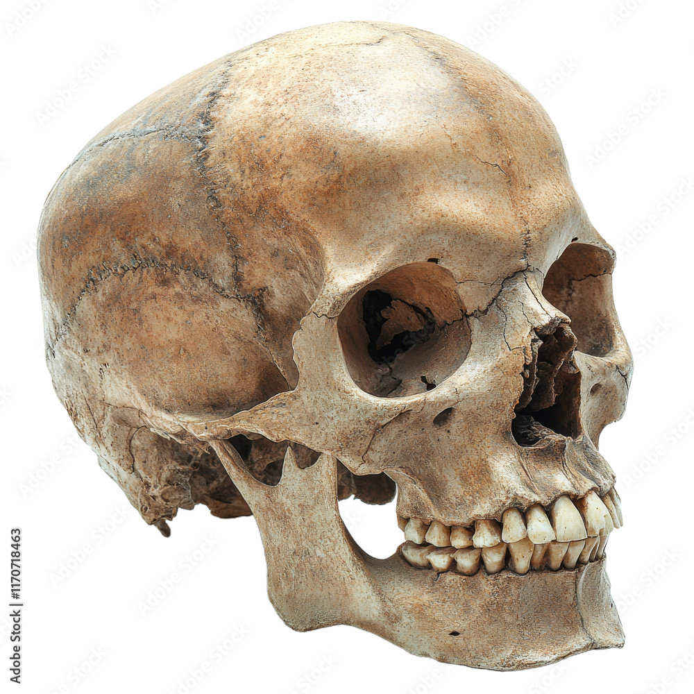 Human skull with teeth, cranial sutures and bone structure isolated on white background Human skull with teeth, cranial sutures and bone structure isolated on white background