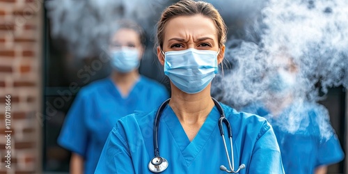 Global Warming Disease outbreak concept. A healthcare worker in blue scrubs and a mask stands confidently in front of colleagues, exuding strength and resilience in a challenging environment.
