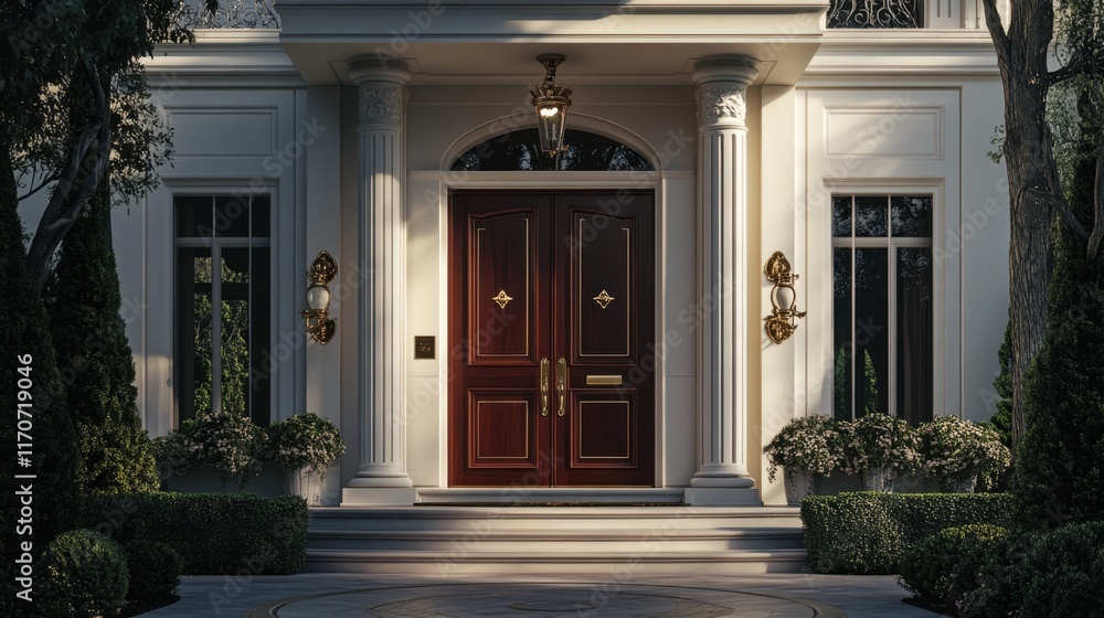 Obraz premium Elegant Entrance of a Luxurious Home with Columns and Garden