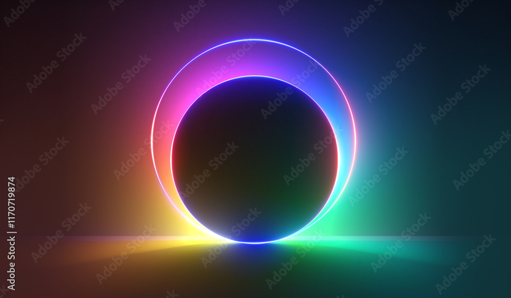abstract neon background. Multicolored ambient light behind the round black hole. Blank showcase for product presentation