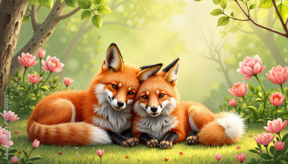 Fototapeta premium Two foxes cuddling in a blooming garden