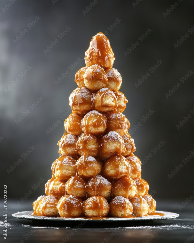 A stunning caramel-covered pastry tower, resembling a Christmas tree, beautifully presented on a dark background. A stunning caramel-covered pastry tower, resembling a Christmas tree, beautifully presented on a dark background.