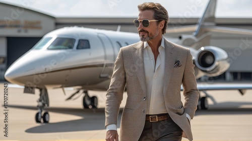 A stylish man walks confidently near a private jet at an airport.