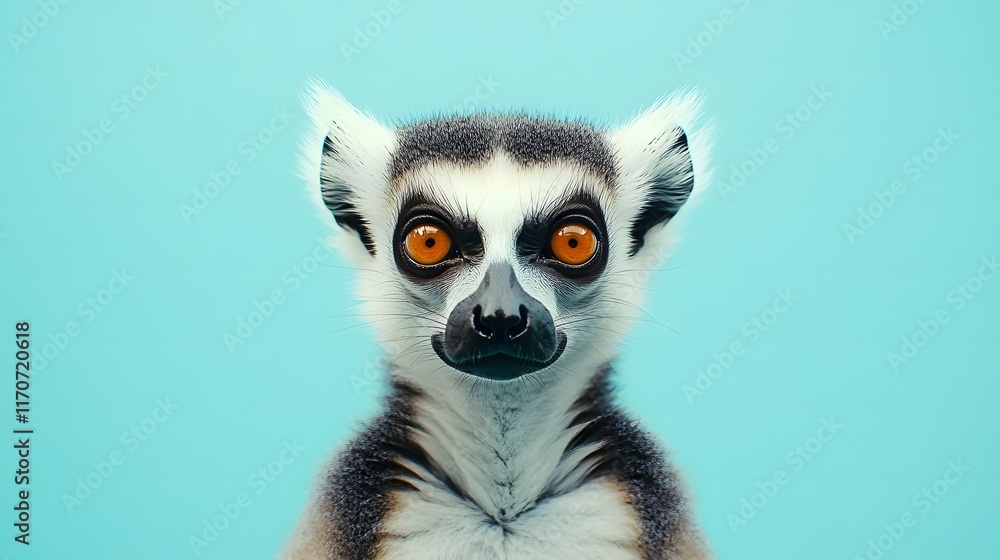 Obraz premium A ring-tailed lemur with striking orange eyes gazes directly at the camera, set against a calming blue backdrop, suggesting curiosity and alertness