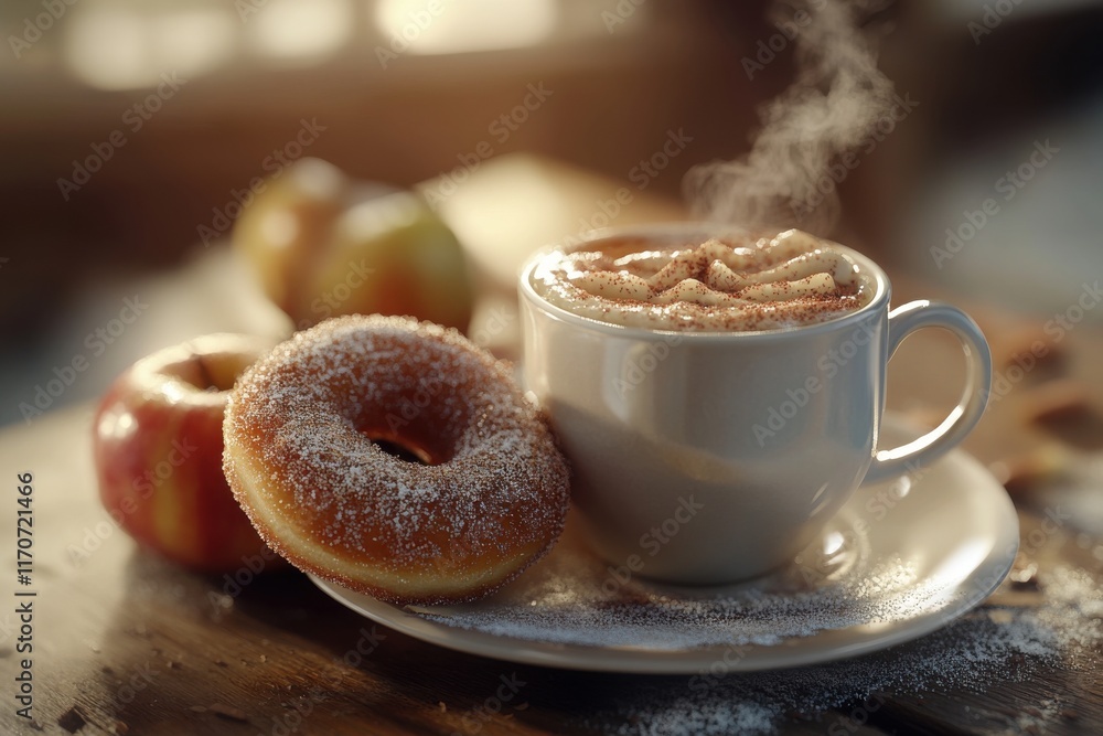 A warm cup of coffee with a cinnamon topping alongside a sugar-dusted donut and fresh apples. A warm cup of coffee with a cinnamon topping alongside a sugar-dusted donut and fresh apples.