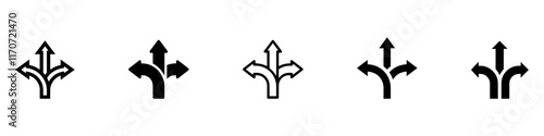 Choice between three roads icon set. Three-way directional arrow. Way, road, direction, branching, arrows , Icon for design. Easily editable, pathway, opportunity, logo, split, choose, three concept.