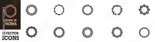 Crown thorn. Crown thom icon set. Silhouette style. Christian religion icon. Crown of thorns. Church logo. Christian symbols. Christ's crown of thorns. Vector Illustration. Vector Graphic. EPS 10